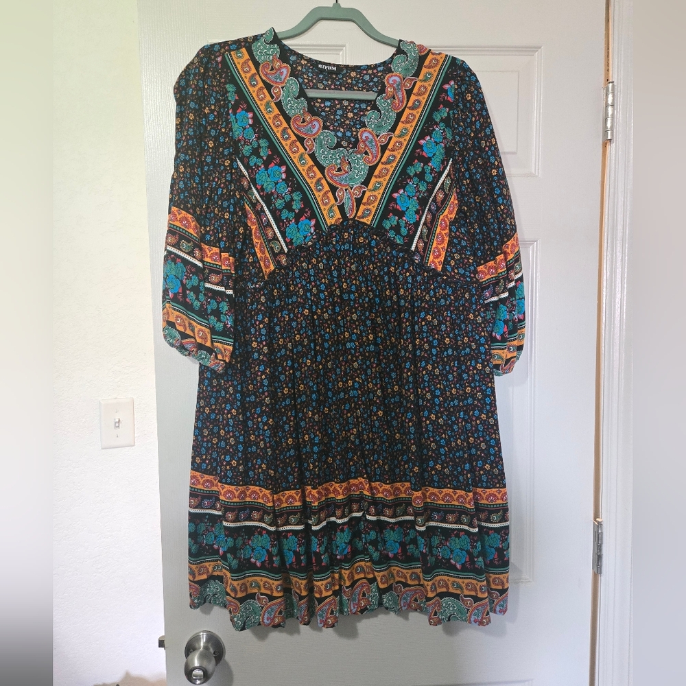 Black and Blue V-Neck Sundress with Bishop Sleeves